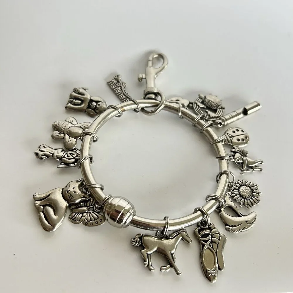 Green Rhino Key Bracelet Charm Holder Silver Tone Animals Flowers Key Ring